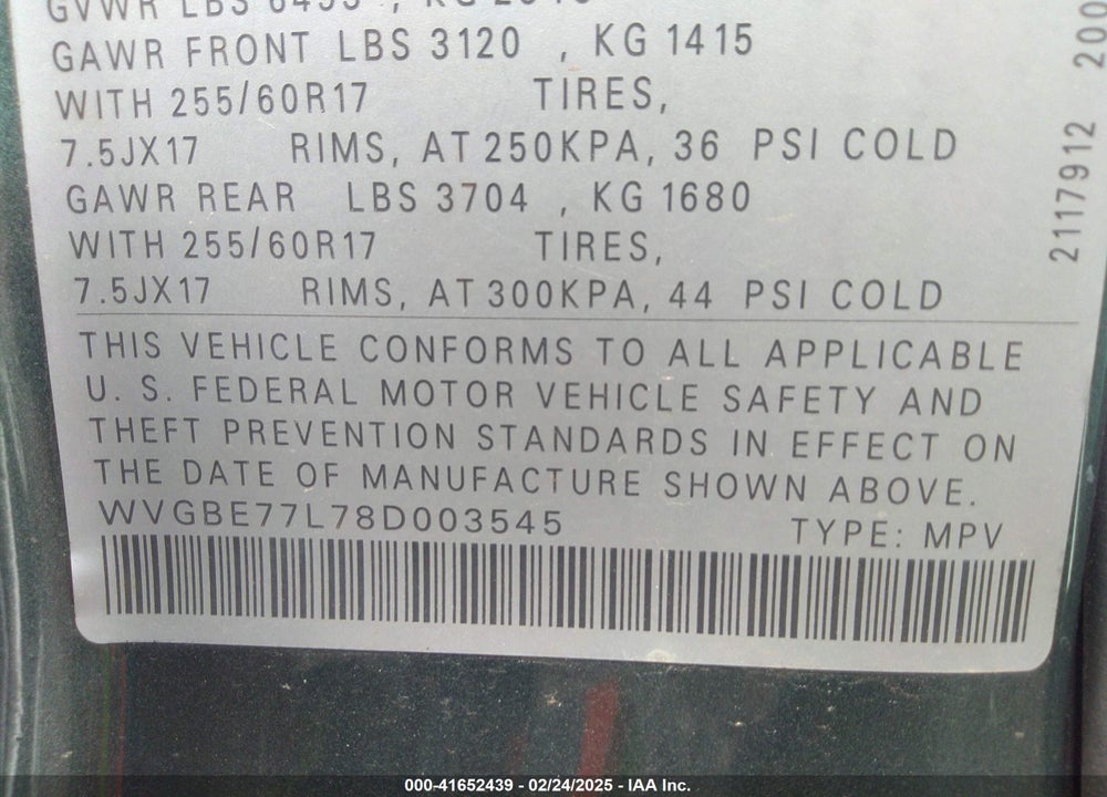 2008 VOLKSWAGEN TOUAREG 2 VR6 FSI VIN: WVGBE77L78D003545