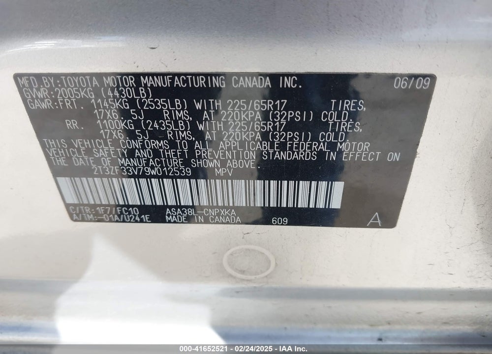 2009 TOYOTA RAV4 VIN: 2T3ZF33V79W012539