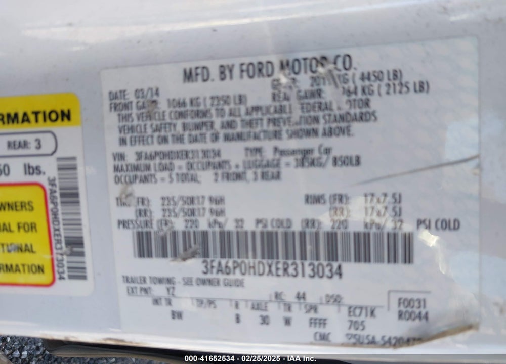 2014 FORD FUSION VIN: 3FA6P0HDXER313034