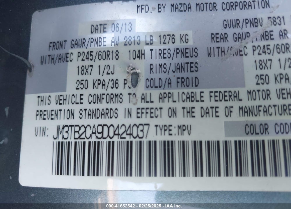 2013 MAZDA CX-9 TOURING VIN: JM3TB2CA9D0424037