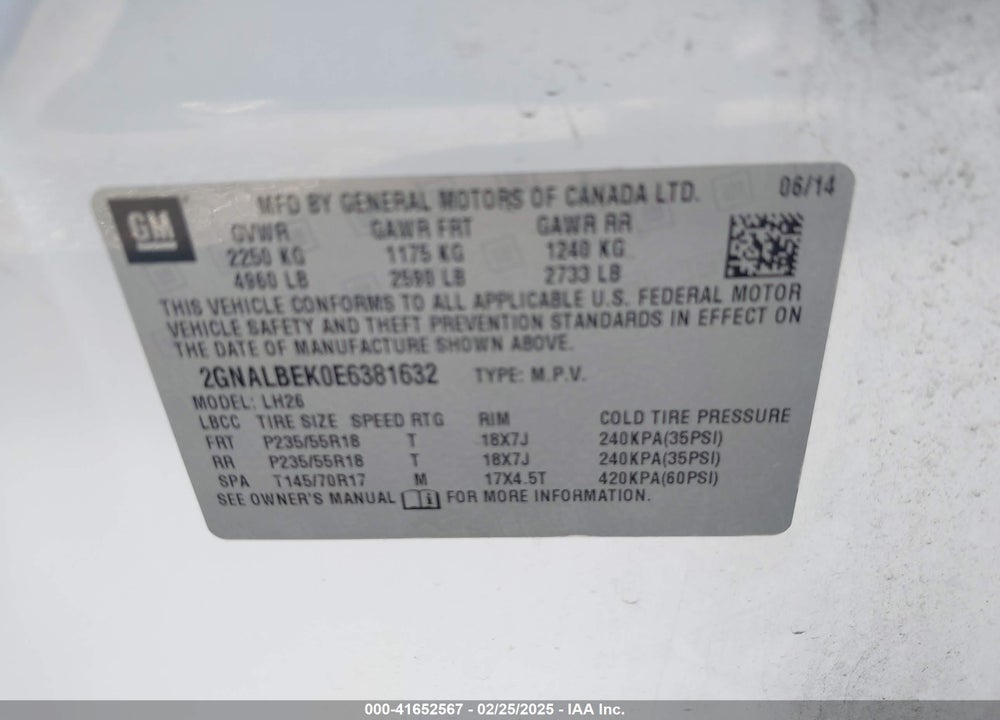 2014 CHEVROLET EQUINOX VIN: 2GNALBEK0E6381632