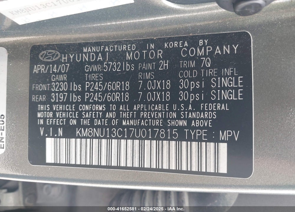 2007 HYUNDAI VERACRUZ VIN: KM8NU13C17U017815