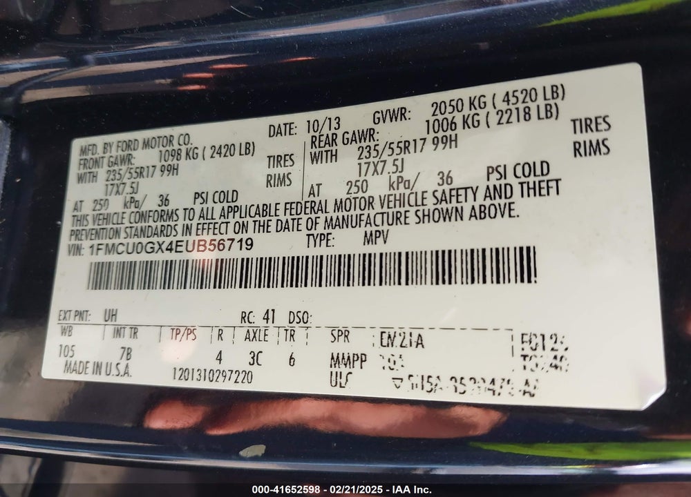 2014 FORD ESCAPE VIN: 1FMCU0GX4EUB56719
