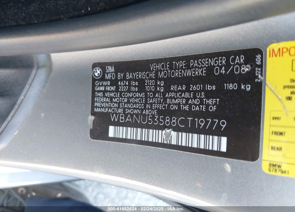 2008 BMW 528I VIN: WBANU53588CT19779