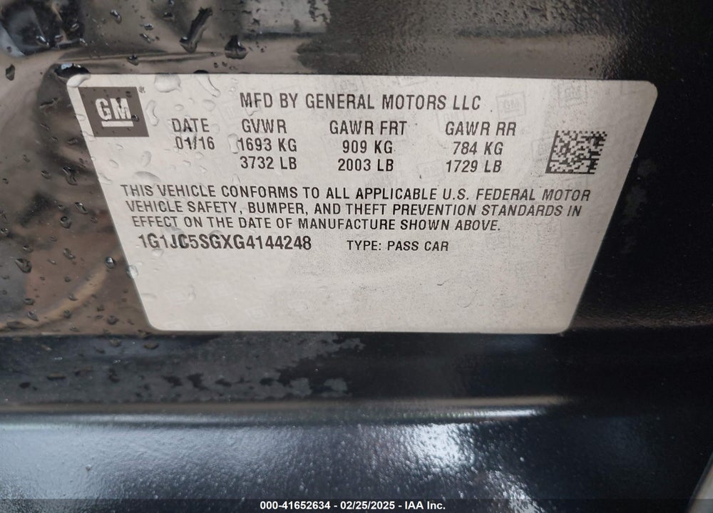 2016 CHEVROLET SONIC VIN: 1G1JC5SGXG4144248