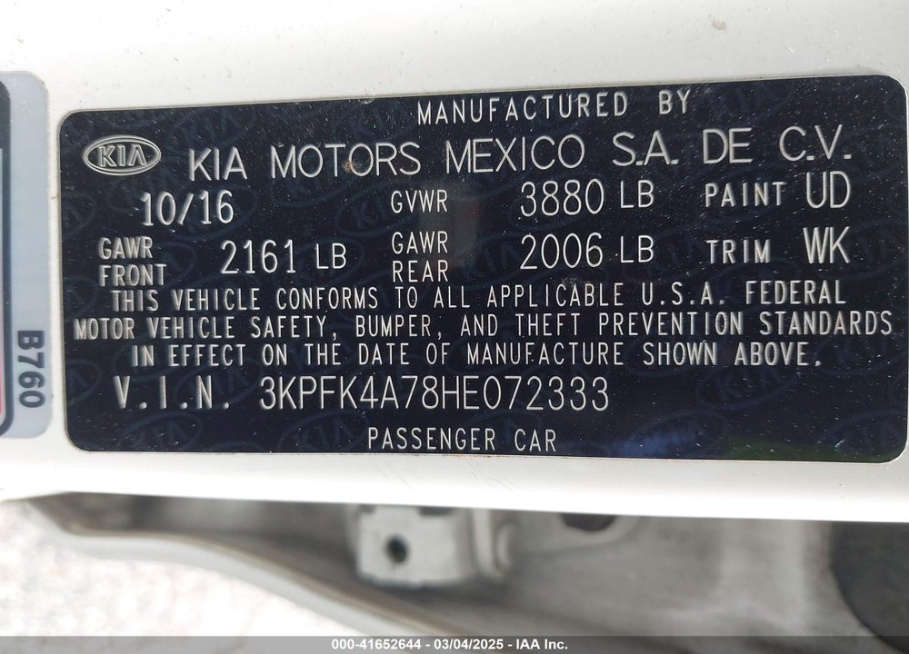2017 KIA FORTE LX VIN: 3KPFK4A78HE072333