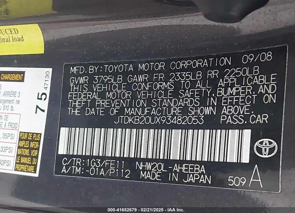 2009 TOYOTA PRIUS VIN: JTDKB20UX93482053