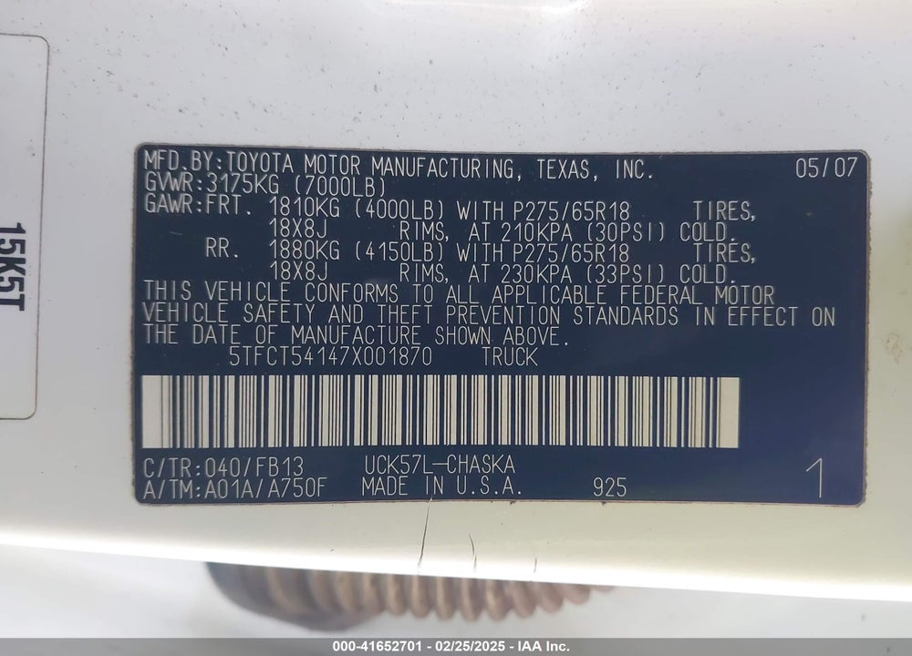2007 TOYOTA TUNDRA VIN: 5TFCT54147X001870