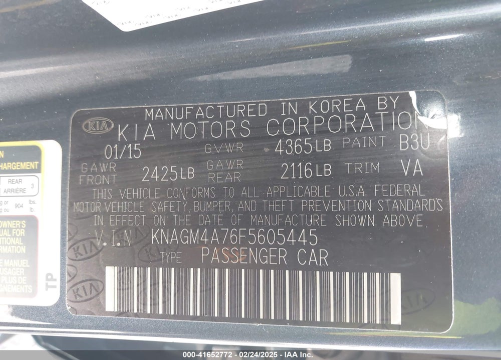 2015 KIA OPTIMA LX VIN: KNAGM4A76F5605445