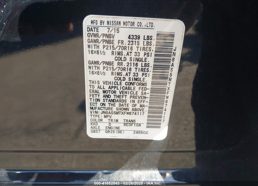2015 NISSAN ROGUE SELECT S VIN: JN8AS5MTXFW674117