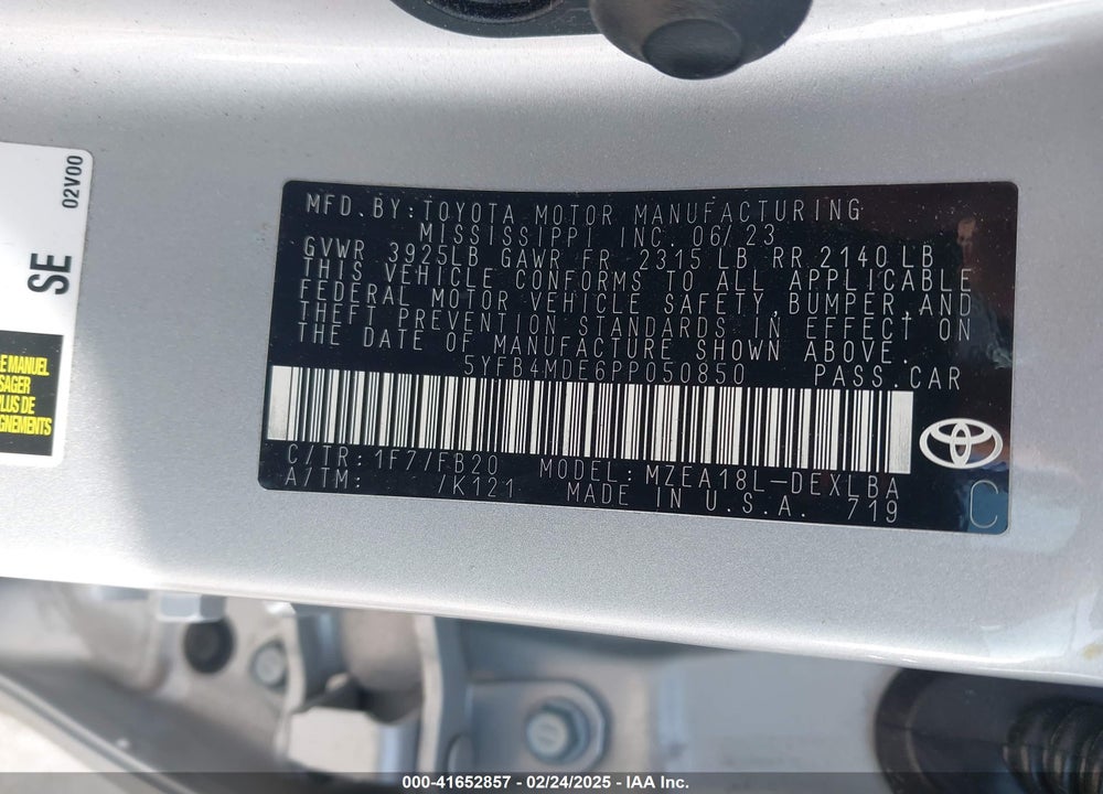 2023 TOYOTA COROLLA VIN: 5YFB4MDE6PP050850