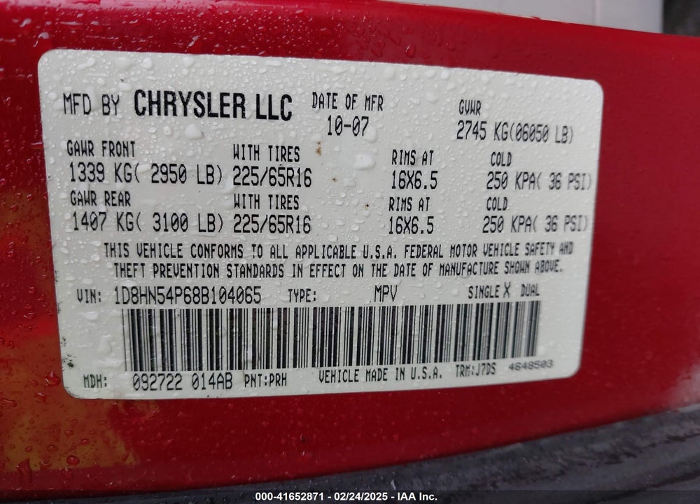 2008 DODGE GRAND CARAVAN SXT VIN: 1D8HN54P68B104065