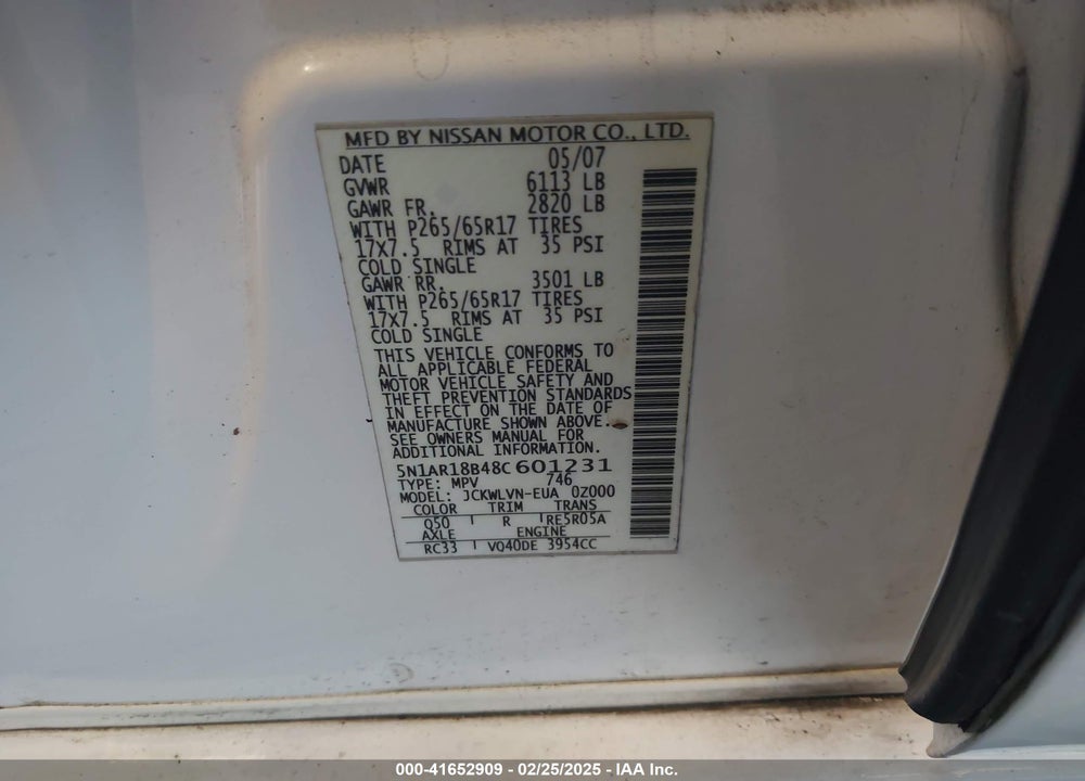 2008 NISSAN PATHFINDER VIN: 5N1AR18B48C601231