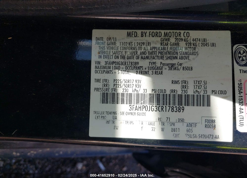 2012 FORD FUSION VIN: 3FAHP0JG3CR178389