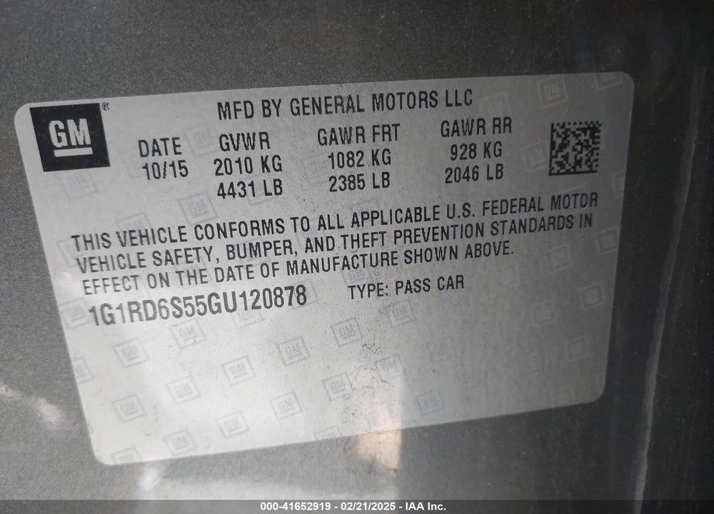 2016 CHEVROLET VOLT PREMIER VIN: 1G1RD6S55GU120878