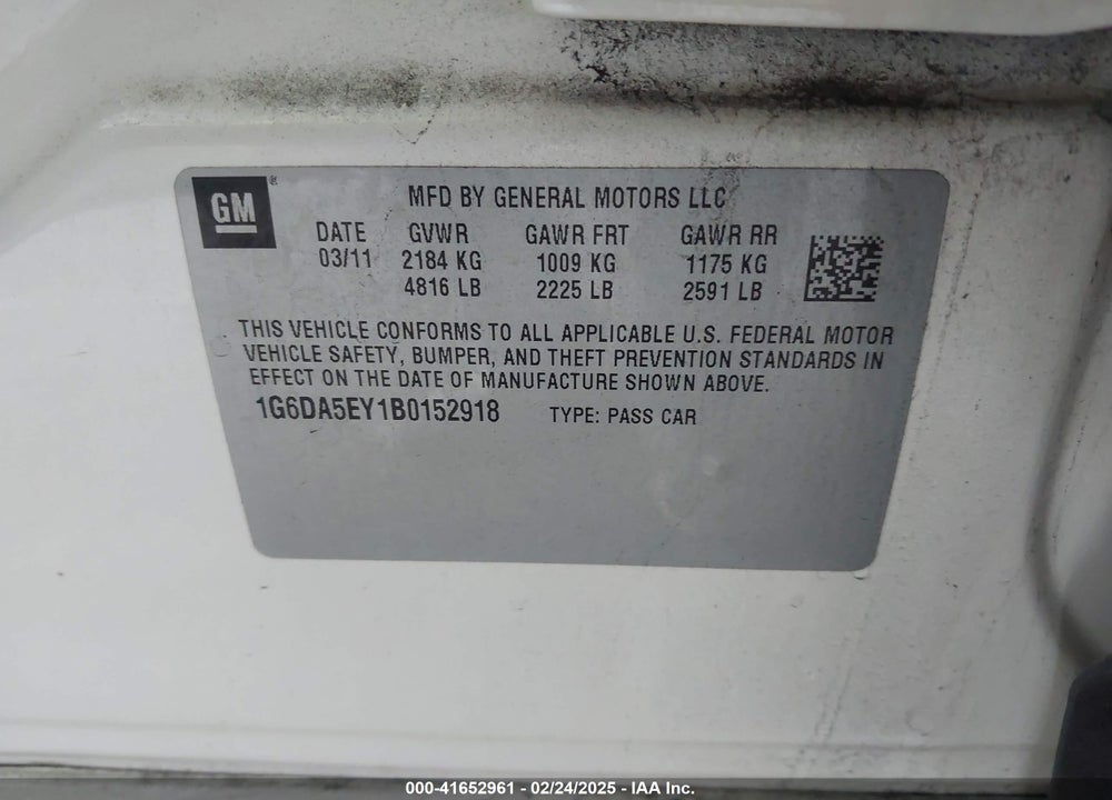 2011 CADILLAC CTS STANDARD VIN: 1G6DA5EY1B0152918