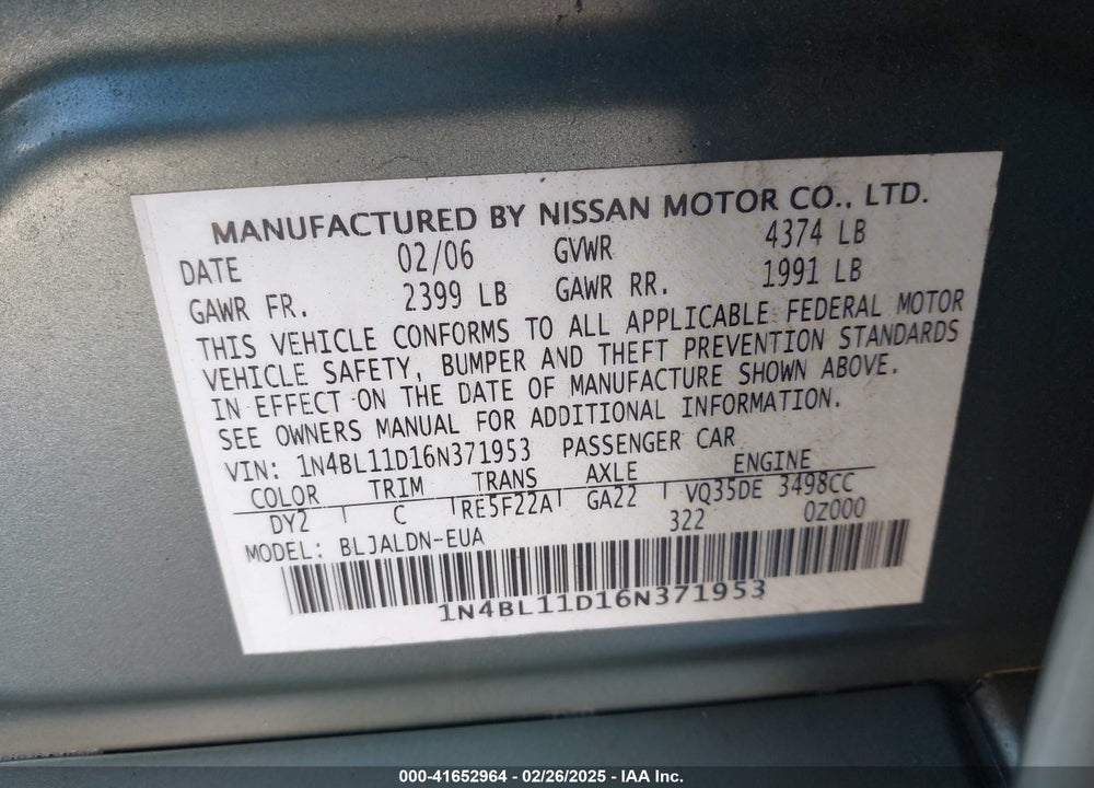 2006 NISSAN ALTIMA 3.5 SL VIN: 1N4BL11D16N371953