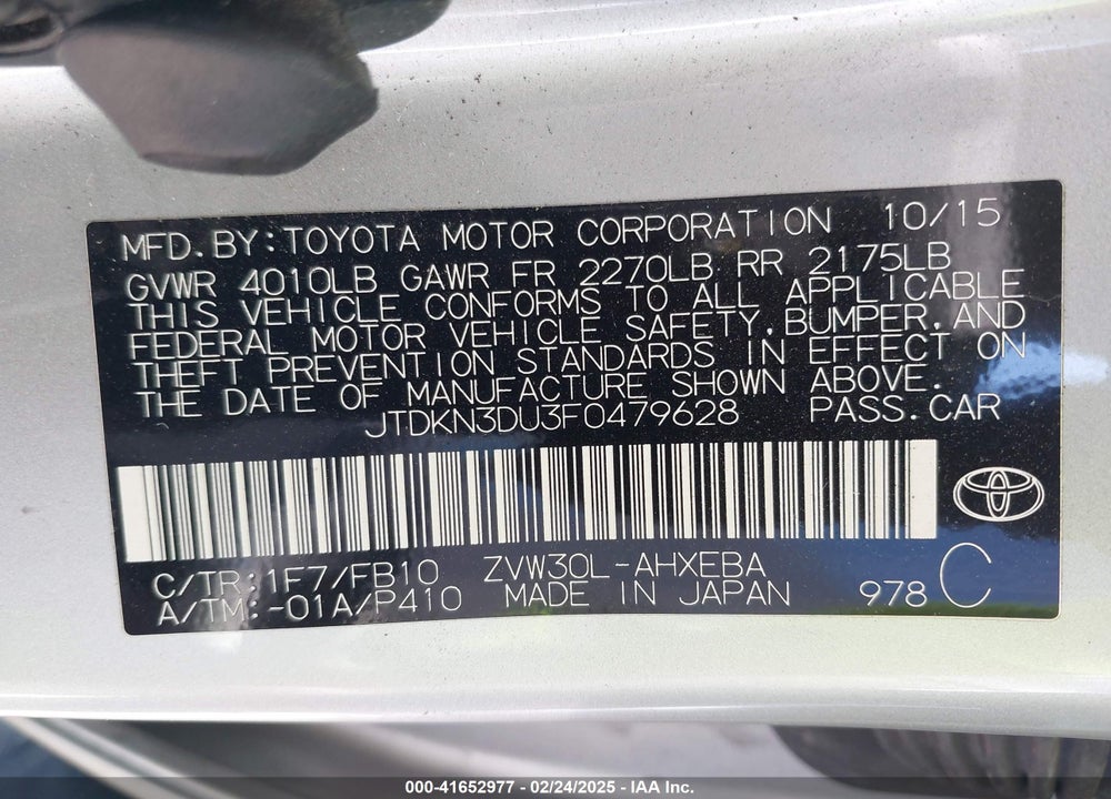2015 TOYOTA PRIUS VIN: JTDKN3DU3F0479628