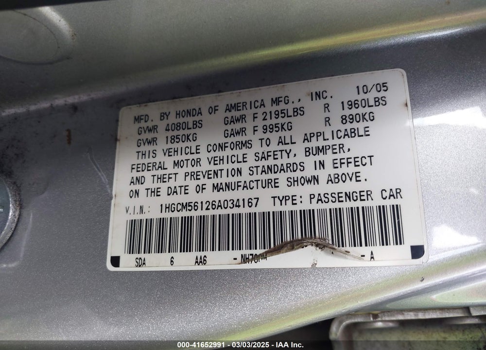 2006 HONDA ACCORD VIN: 1HGCM56126A034167
