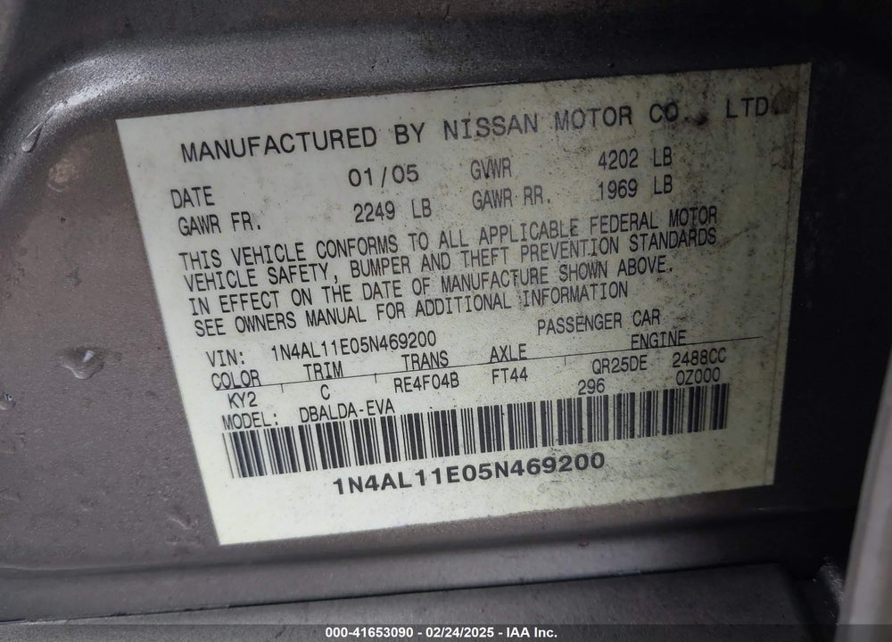 2005 NISSAN ALTIMA VIN: 1N4AL11E05N469200