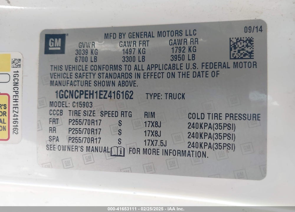 2014 CHEVROLET SILVERADO 1500 VIN: 1GCNCPEH1EZ416162