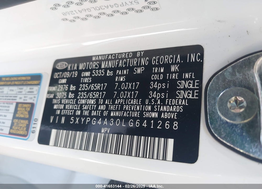 2020 KIA SORENTO VIN: 5XYPG4A30LG641268