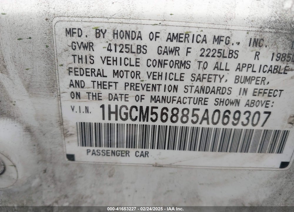 2005 HONDA ACCORD 2.4 EX VIN: 1HGCM56885A069307
