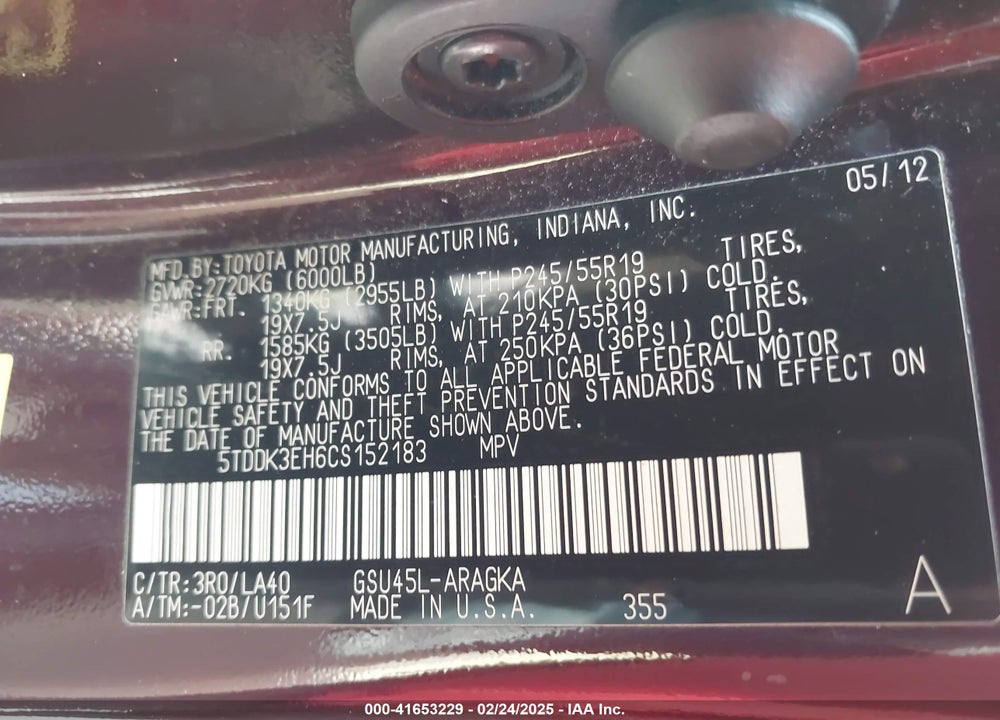 2012 TOYOTA HIGHLANDER LIMITED V6 VIN: 5TDDK3EH6CS152183