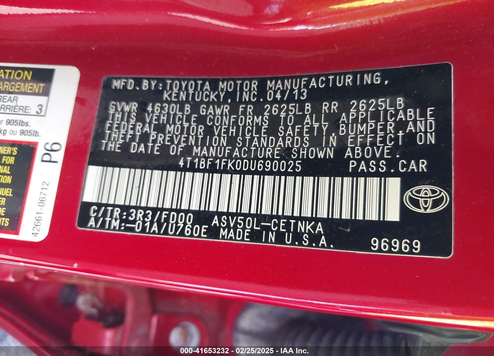 2013 TOYOTA CAMRY VIN: 4T1BF1FK0DU690025