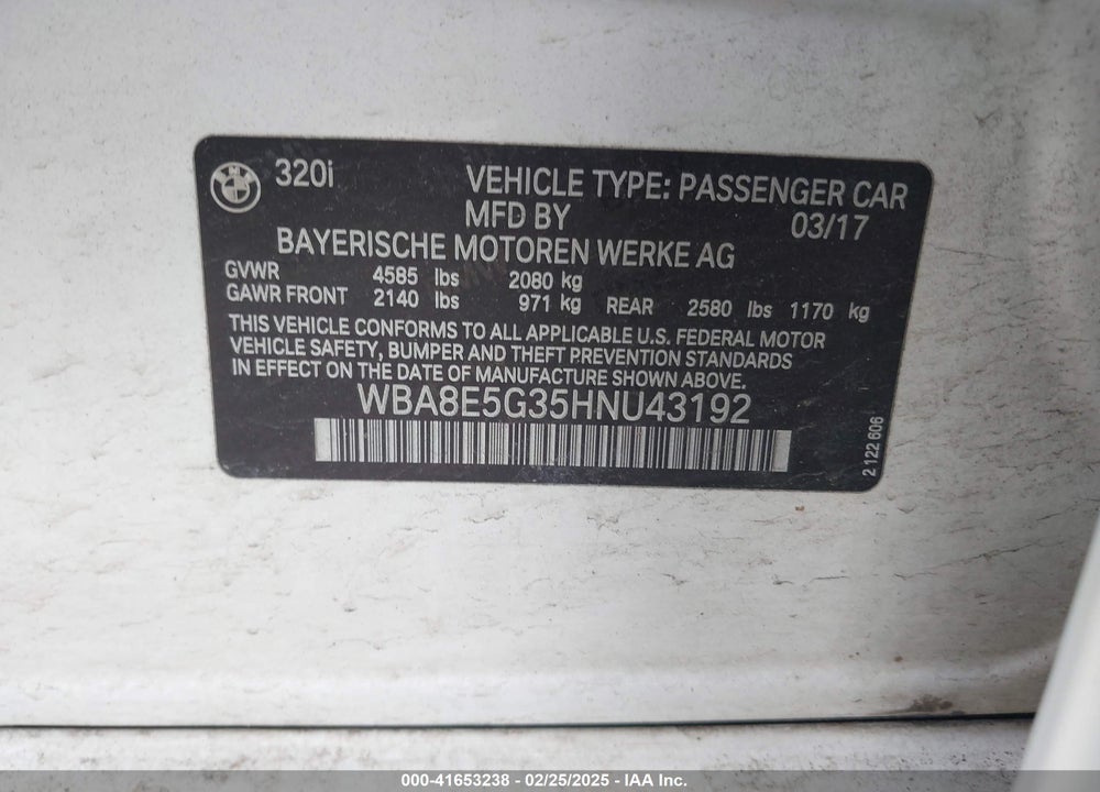 2017 BMW 320I XDRIVE VIN: WBA8E5G35HNU43192