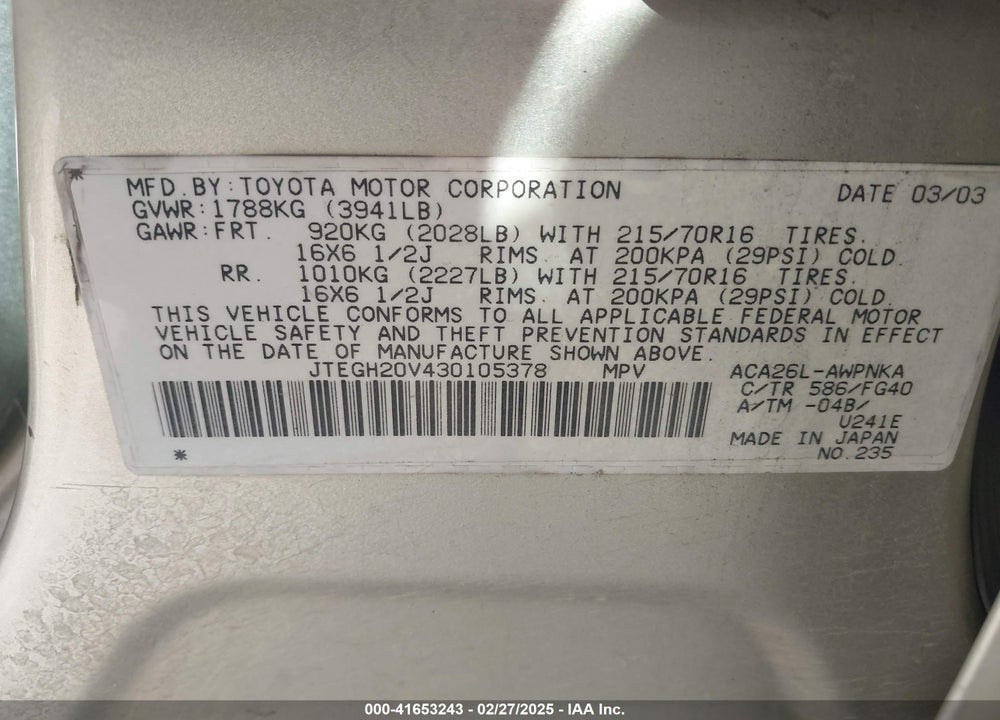 2003 TOYOTA RAV4 VIN: JTEGH20V430105378