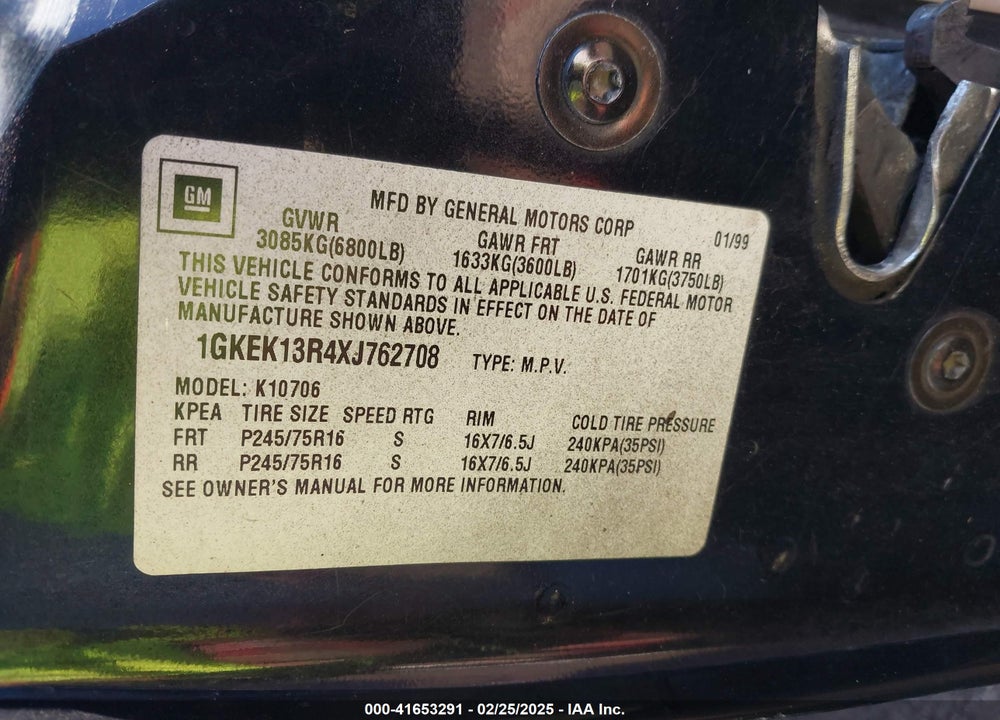 1999 GMC YUKON SLT CMI VIN: 1GKEK13R4XJ762708