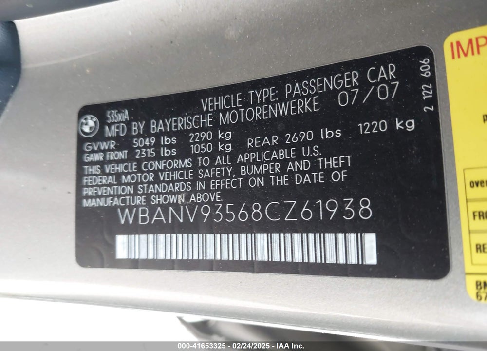 2008 BMW 535XI VIN: WBANV93568CZ61938