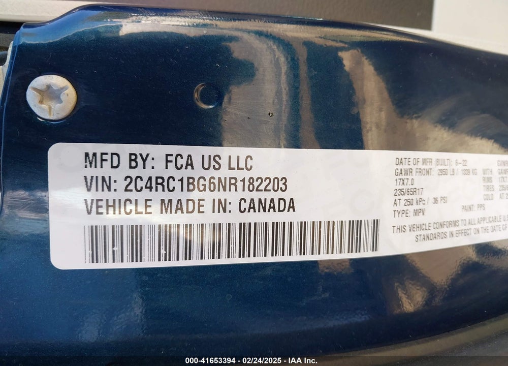 2022 CHRYSLER PACIFICA TOURING L VIN: 2C4RC1BG6NR182203