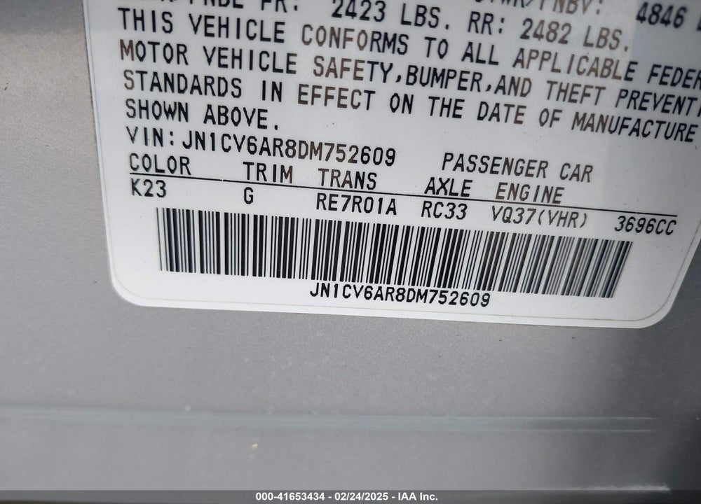 2013 INFINITI G37X VIN: JN1CV6AR8DM752609