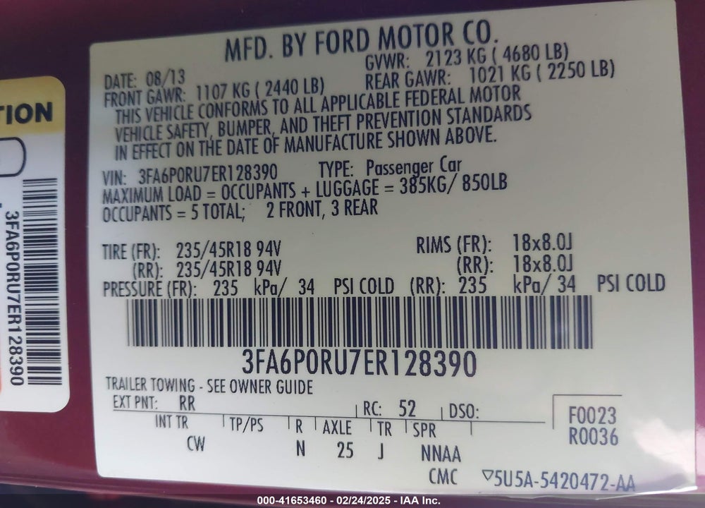 2014 FORD FUSION HYBRID VIN: 3FA6P0RU7ER128390