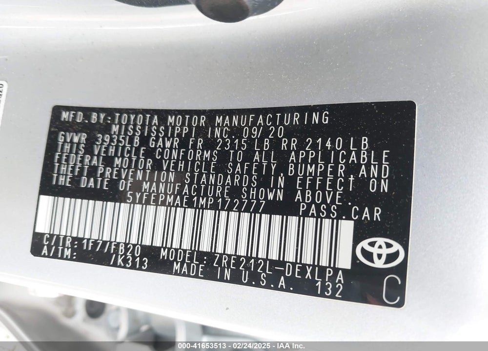 2021 TOYOTA COROLLA VIN: 5YFEPMAE1MP172777