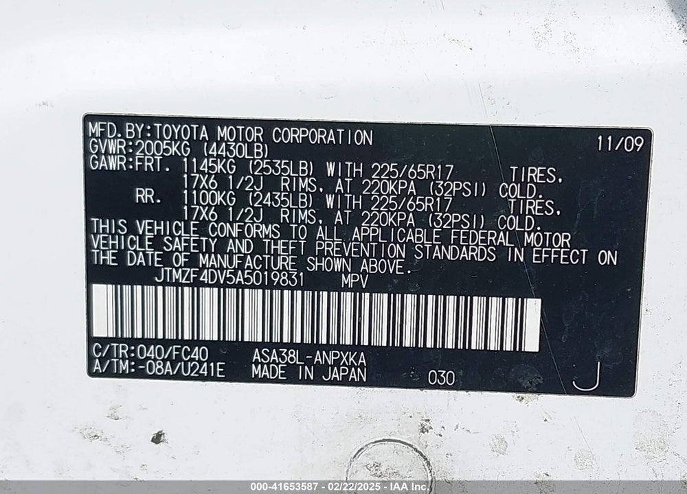 2010 TOYOTA RAV4 VIN: JTMZF4DV5A5019831