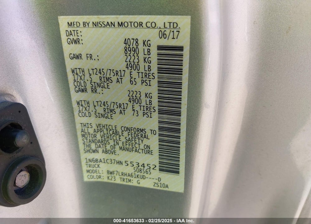 2017 NISSAN TITAN XD VIN: 1N6BA1C37HN553452