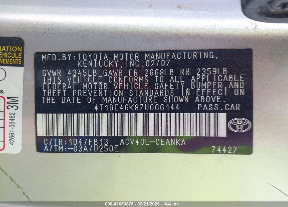 2007 TOYOTA CAMRY LE VIN: 4T1BE46K87U666144