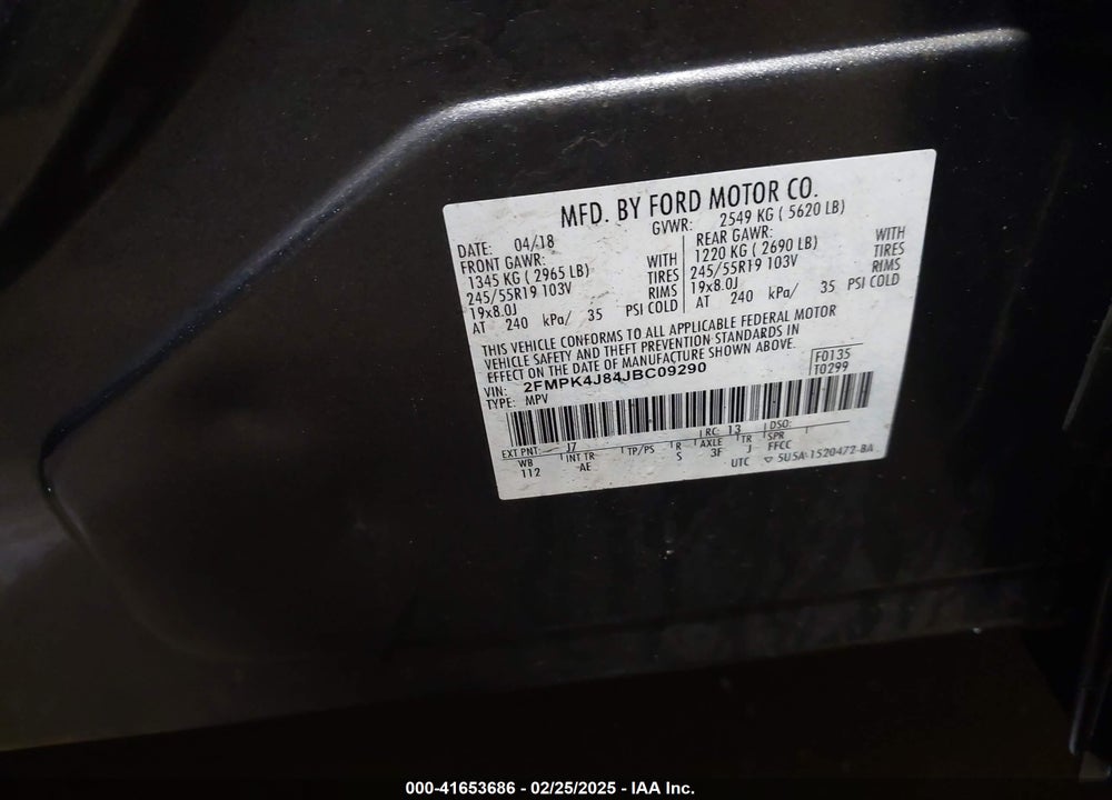 2018 FORD EDGE VIN: 2FMPK4J84JBC09290