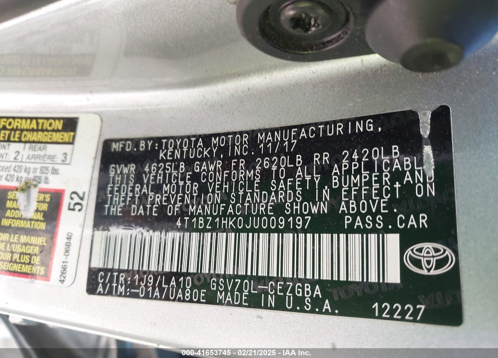 2018 TOYOTA CAMRY VIN: 4T1BZ1HK0JU009197