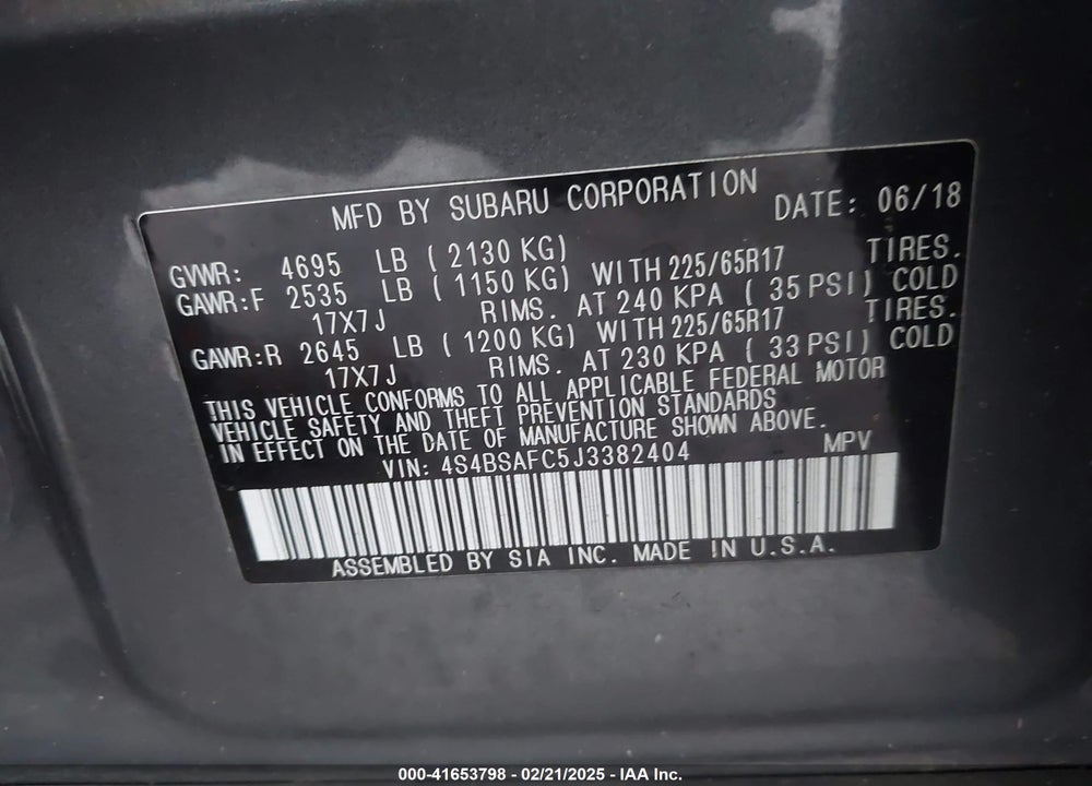 2018 SUBARU OUTBACK VIN: 4S4BSAFC5J3382404
