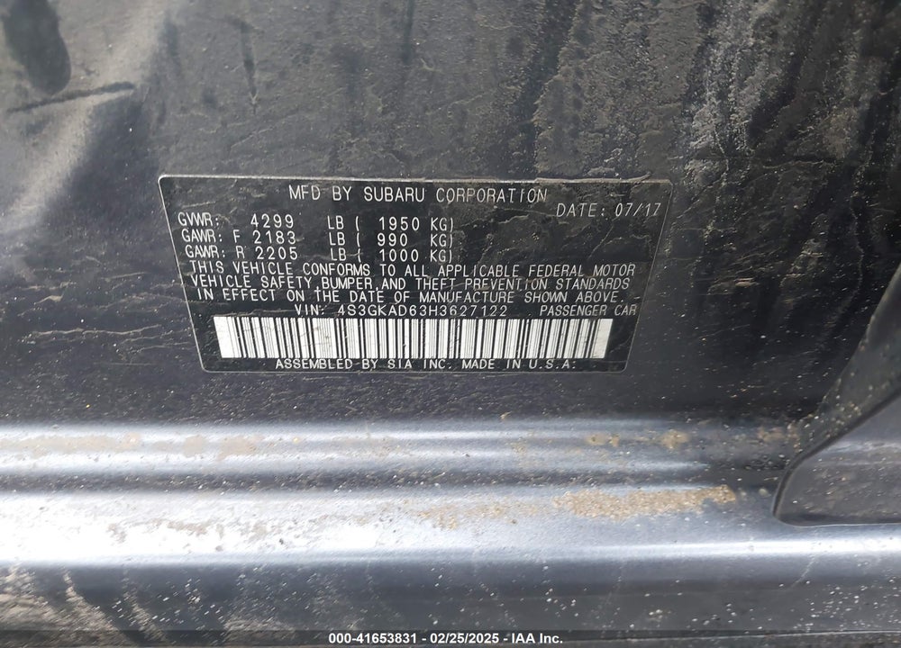 2017 SUBARU IMPREZA VIN: 4S3GKAD63H3627122