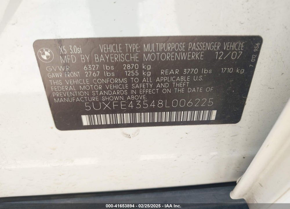 2008 BMW X5 VIN: 5UXFE43548L006225