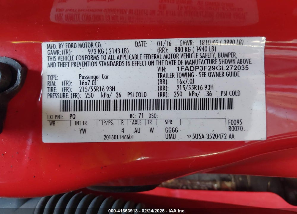 2016 FORD FOCUS VIN: 1FADP3F29GL272035