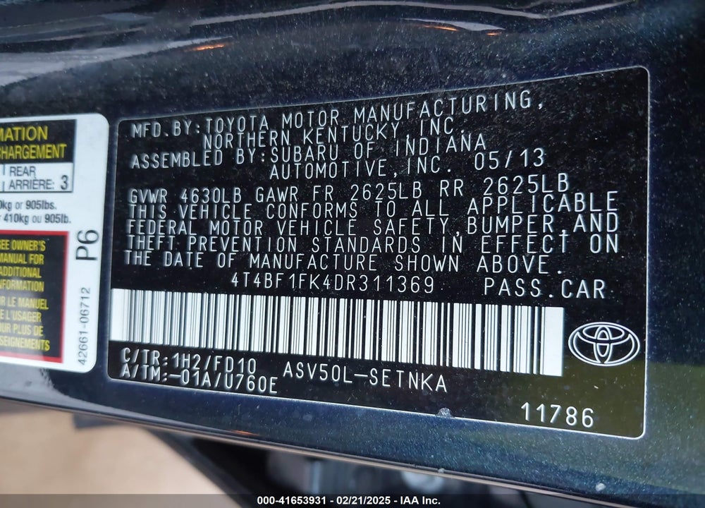 2013 TOYOTA CAMRY VIN: 4T4BF1FK4DR311369