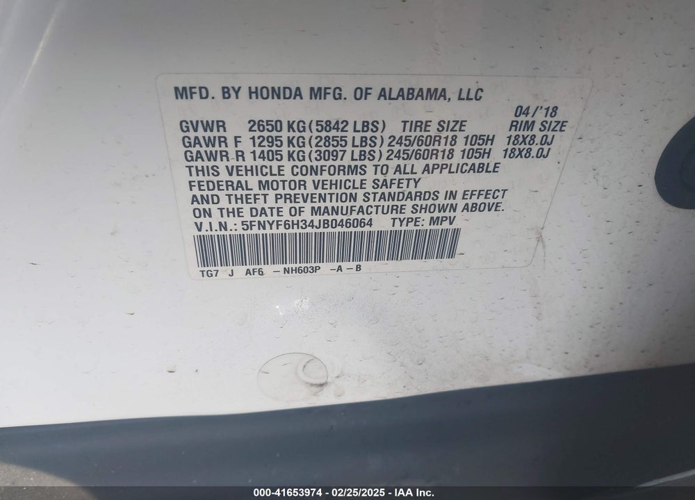 2018 HONDA PILOT VIN: 5FNYF6H34JB046064