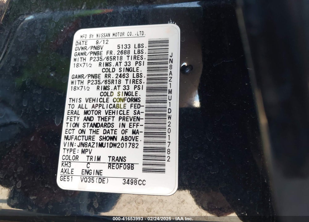 2013 NISSAN MURANO VIN: JN8AZ1MU1DW201782