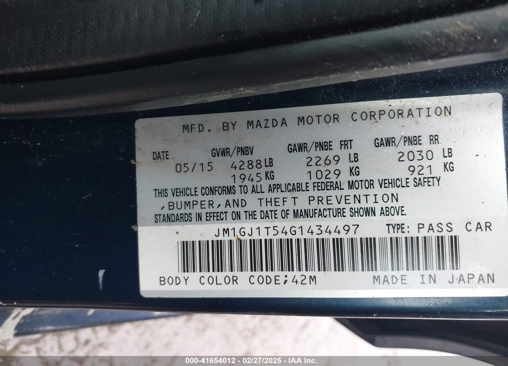 2016 MAZDA MAZDA6 VIN: JM1GJ1T54G1434497